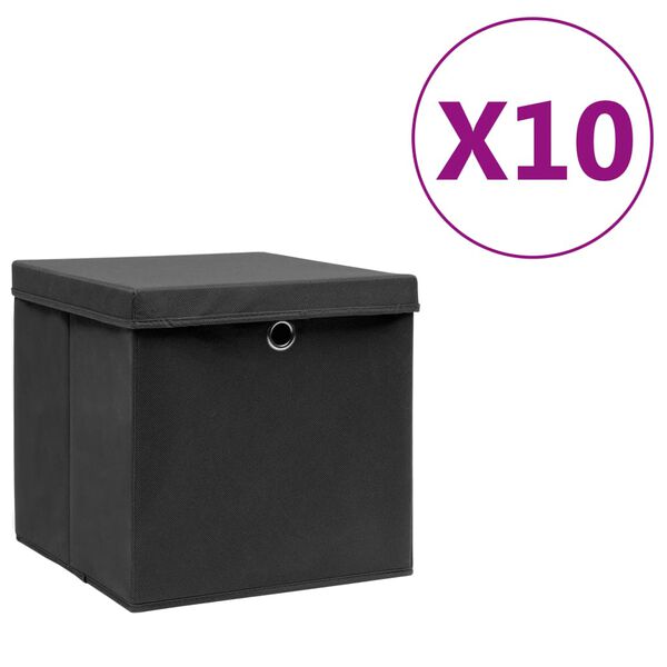vidaXL Storage Boxes with Covers 10 pcs 28x28x28 cm Black