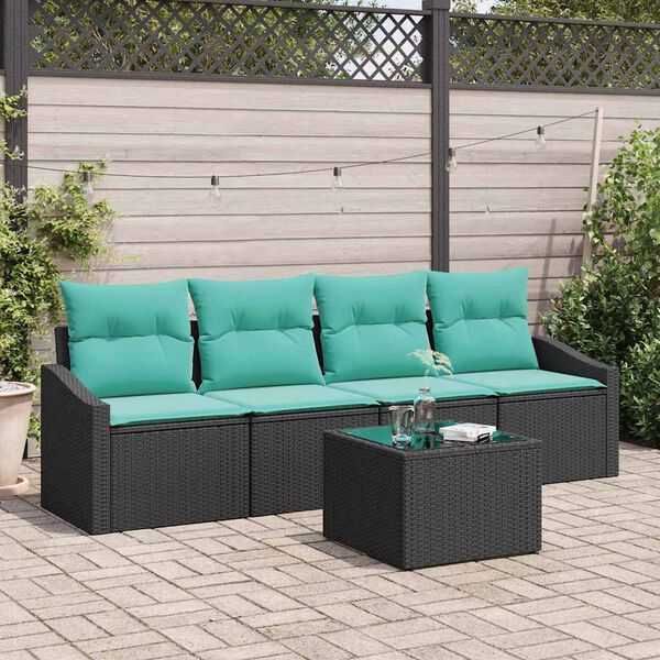 vidaXL Sofa Set with Cushion 5 pcs Black and Turquoise Poly Rattan
