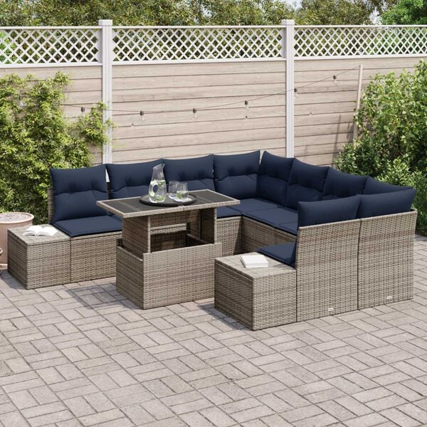 vidaXL 9 Piece Garden Sofa Set with Cushions Grey Poly Rattan
