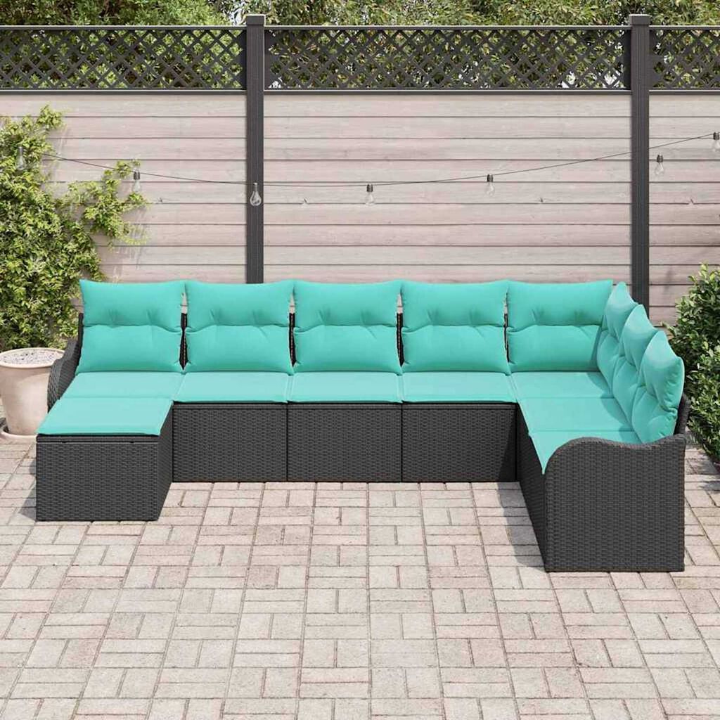 vidaXL Garden Sofa Set with Cushion 8 pcs Black, turquoise Poly rattan