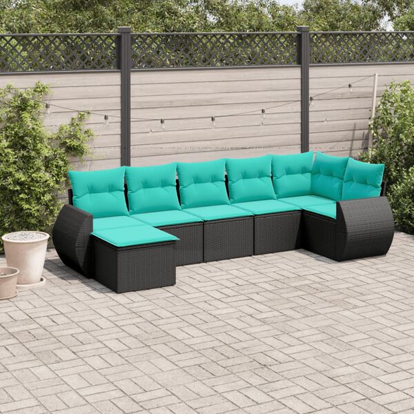 vidaXL 7 Piece Garden Sofa Set with Cushions Black Poly Rattan