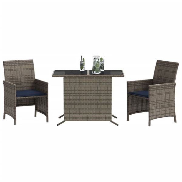 vidaXL 3 Piece Bistro Set with Cushions Grey Poly Rattan