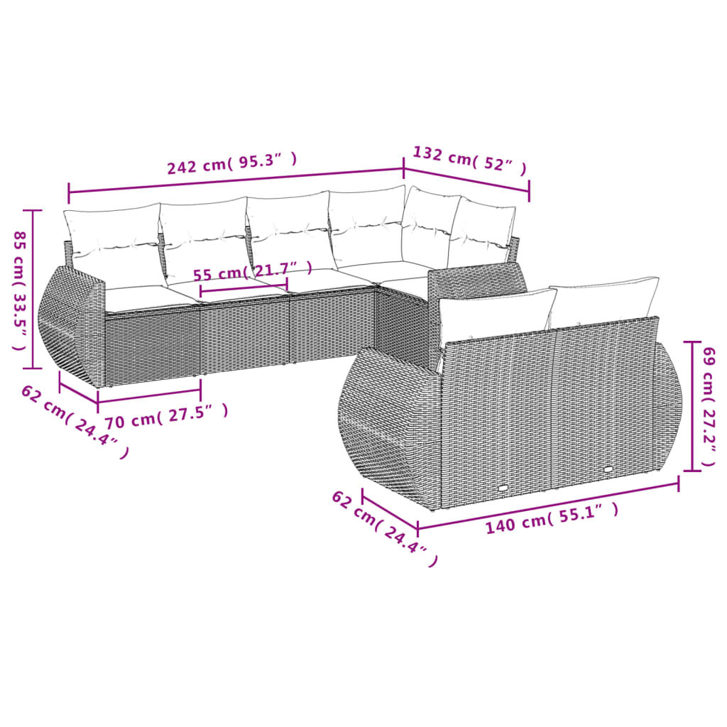 vidaXL 7 Piece Garden Sofa Set with Cushions Grey Poly Rattan