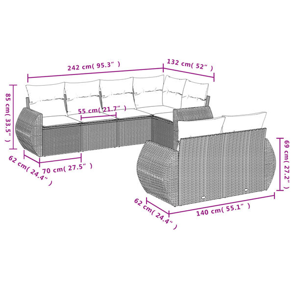vidaXL 7 Piece Garden Sofa Set with Cushions Grey Poly Rattan