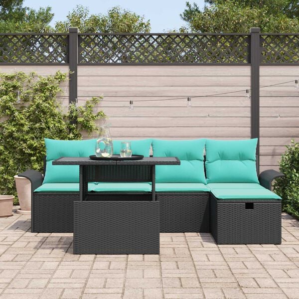 vidaXL 6 Piece Garden Sofa Set with Cushions Black Poly Rattan