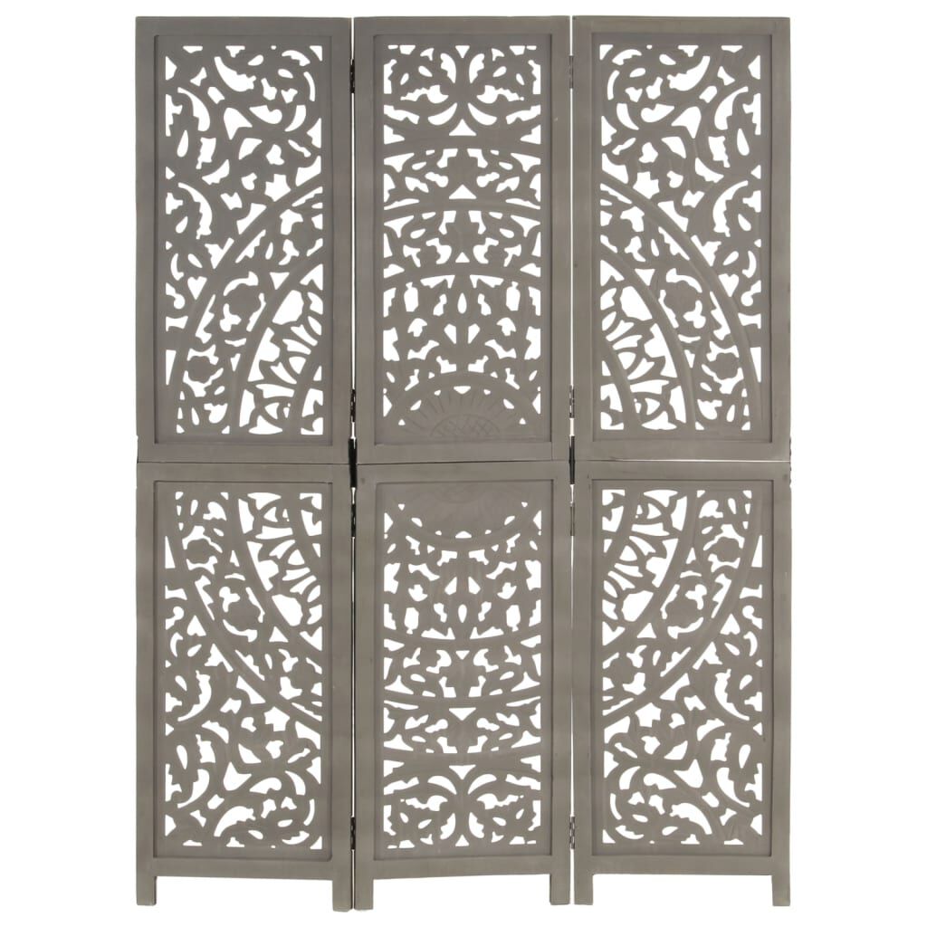 vidaXL Hand carved 3-Panel Room Divider Grey 120x165 cm Solid Mango Wood