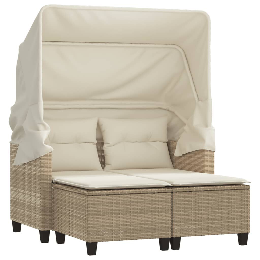 vidaXL Garden Sofa 2-Seater with Canopy and Stools Beige Poly Rattan