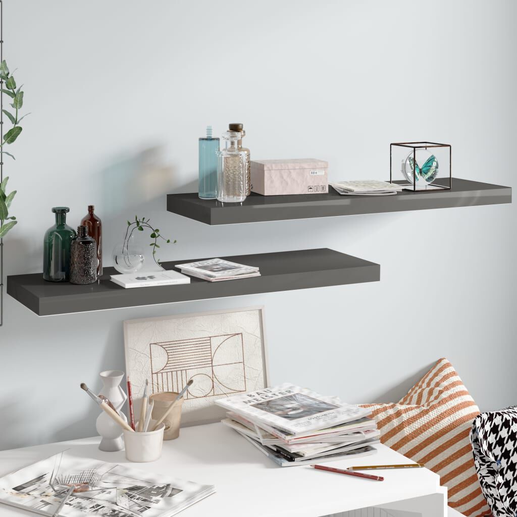 vidaXL Floating Wall Shelves 2 pcs High Gloss Grey 80x23.5x3.8 cm MDF