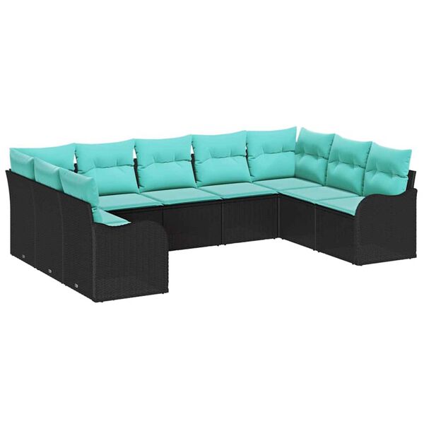 vidaXL Garden Sofa Set with Cushion 9 pcs Black, turquoise Poly rattan