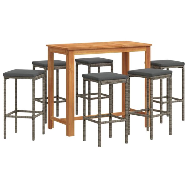 vidaXL 7 Piece Garden Bar Set Grey Solid Wood Acacia and Poly Rattan