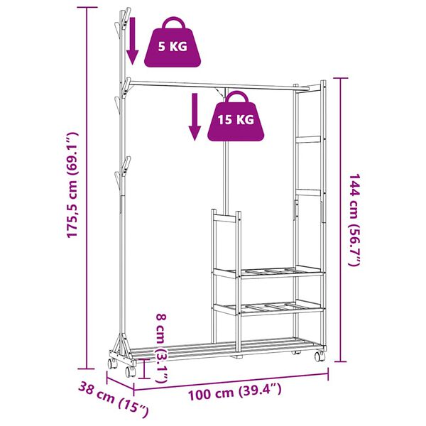 vidaXL Clothes Rack with Shelves and Wheels 100x38x175.5 cm Bamboo