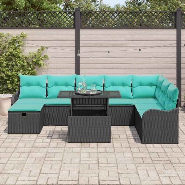 vidaXL Garden Sofa Set with Cushion 9 pcs Black Poly rattan