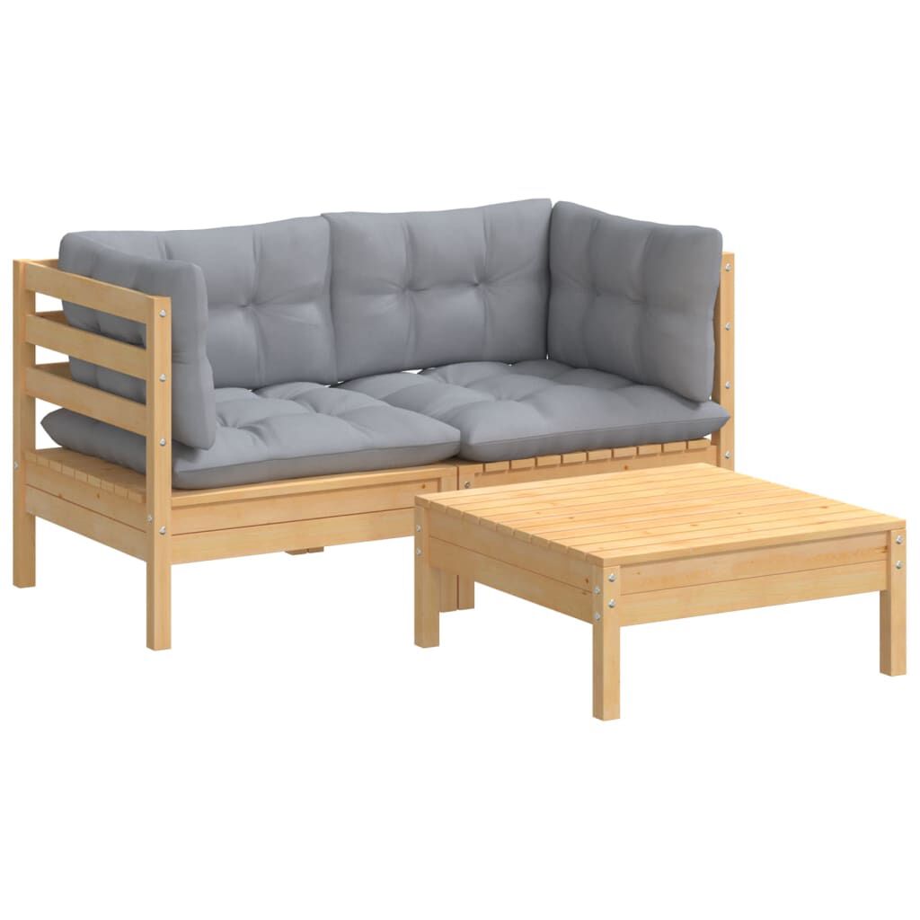 vidaXL 3 Piece Garden Lounge Set with Grey Cushions Pinewood