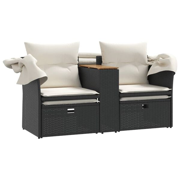 vidaXL Garden Sofa 2-Seater with Canopy and Stools Black Poly Rattan