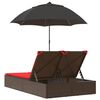 vidaXL Double Sun Lounger with Cushions&Parasol Brown Poly Rattan