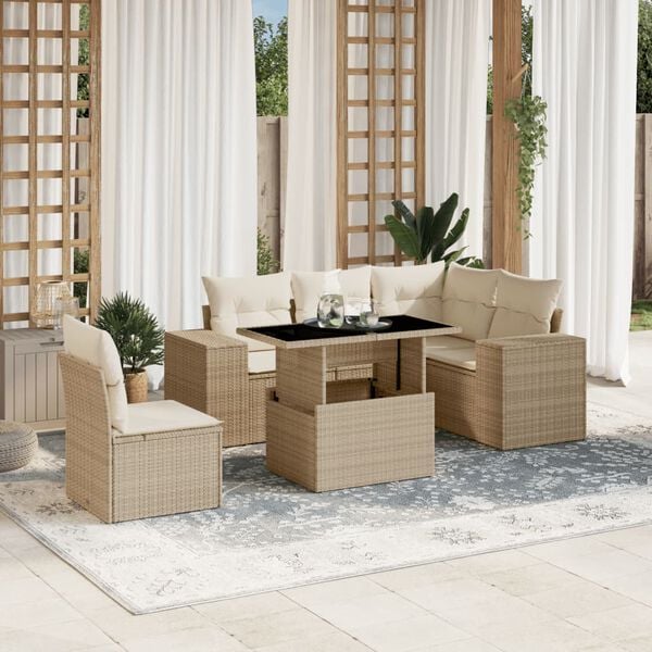 vidaXL 6 Piece Garden Sofa Set with Cushions Beige Poly Rattan