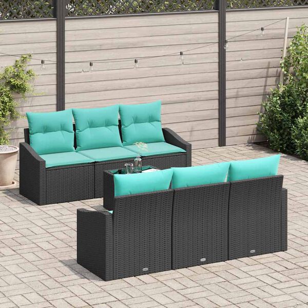 vidaXL Sofa Set with Cushion 7 pcs Black and Turquiose Poly Rattan
