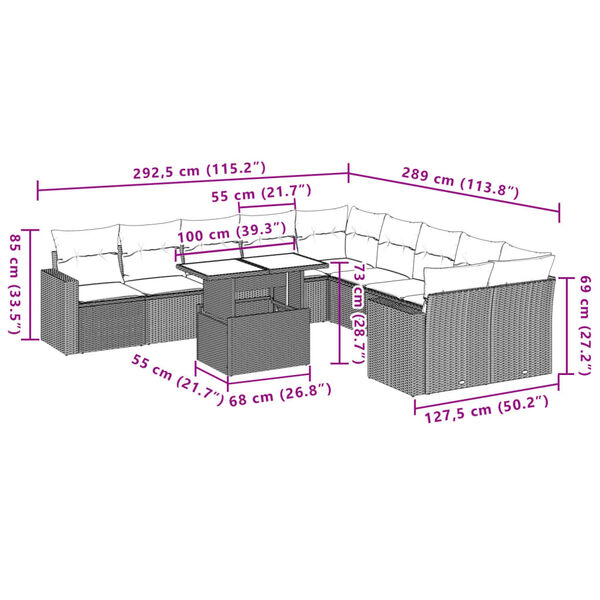 vidaXL 11 Piece Garden Sofa Set with Cushions Beige Poly Rattan