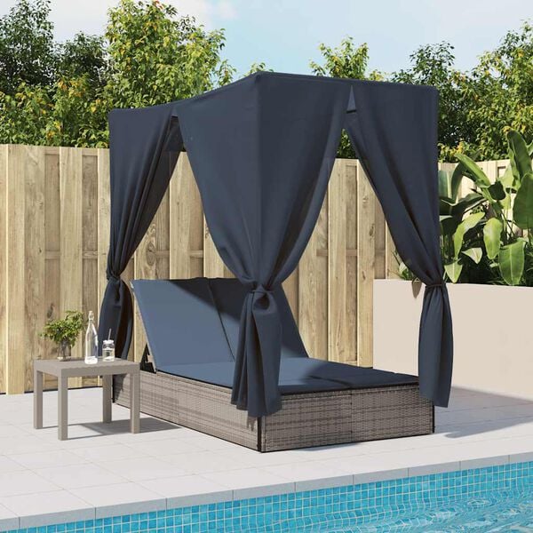 vidaXL Double Sun Lounger with Roof and Curtains Grey Poly Rattan