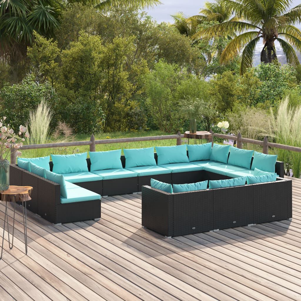 vidaXL 13 Piece Garden Lounge Set with Cushions Black Poly Rattan