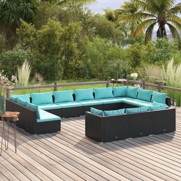 vidaXL 13 Piece Garden Lounge Set with Cushions Black Poly Rattan