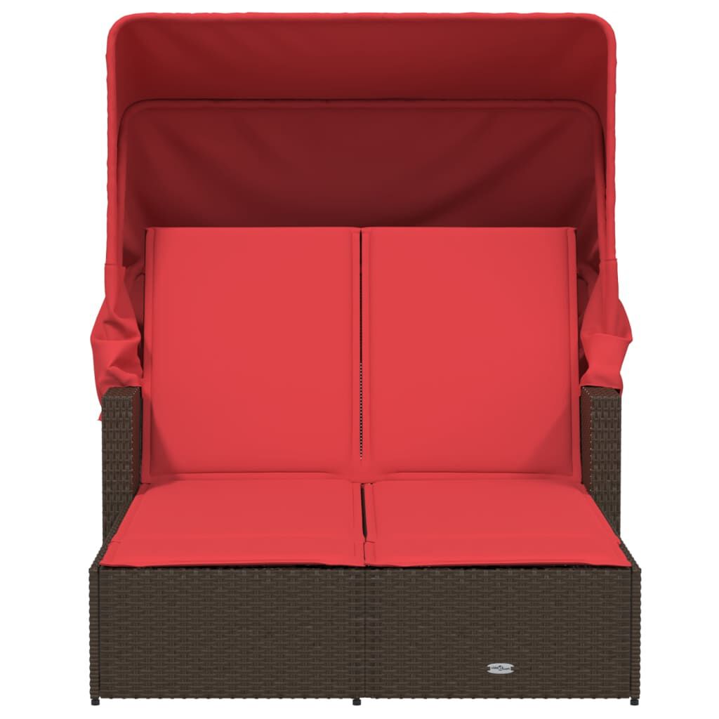 vidaXL Double Sun Lounger with Canopy and Cushions Brown Poly Rattan