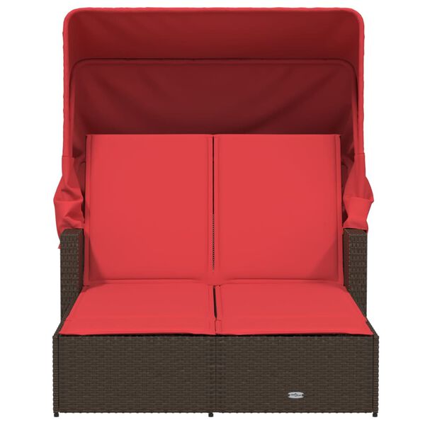 vidaXL Double Sun Lounger with Canopy and Cushions Brown Poly Rattan