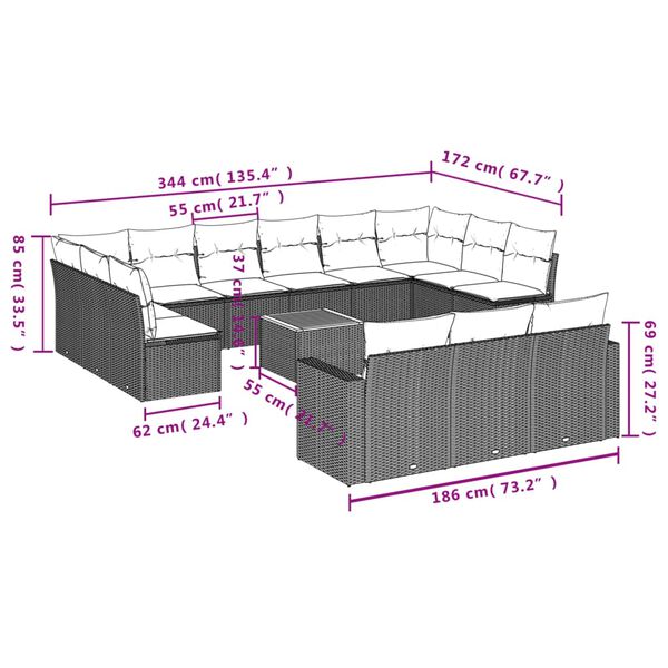 vidaXL 14 Piece Garden Sofa Set with Cushions Grey Poly Rattan