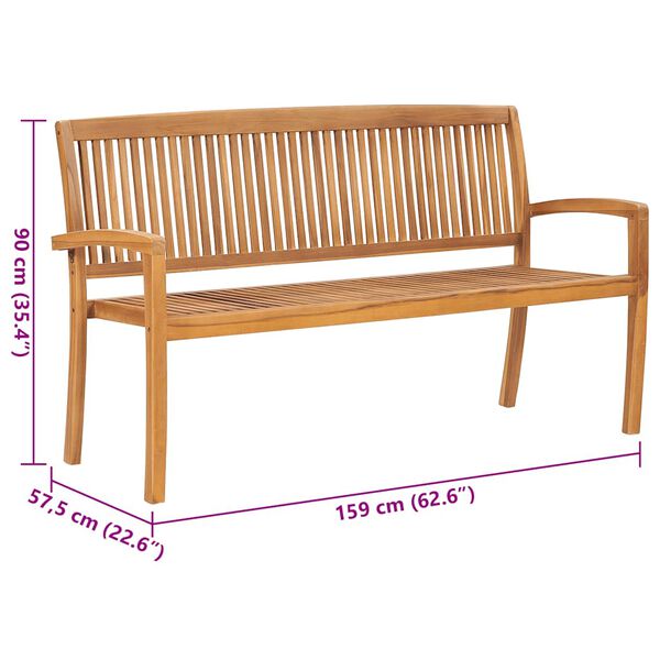 vidaXL Stacking Garden Bench with Cushion 159 cm Solid Teak Wood