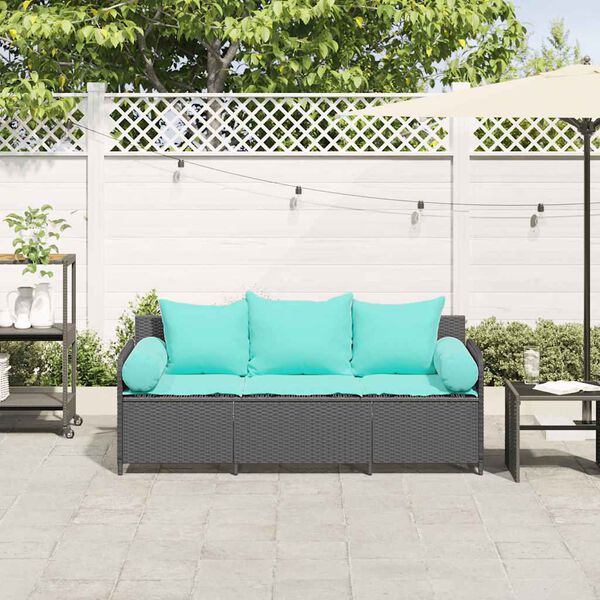 vidaXL Garden Sofa with Cushions 3-Seater Black Poly Rattan