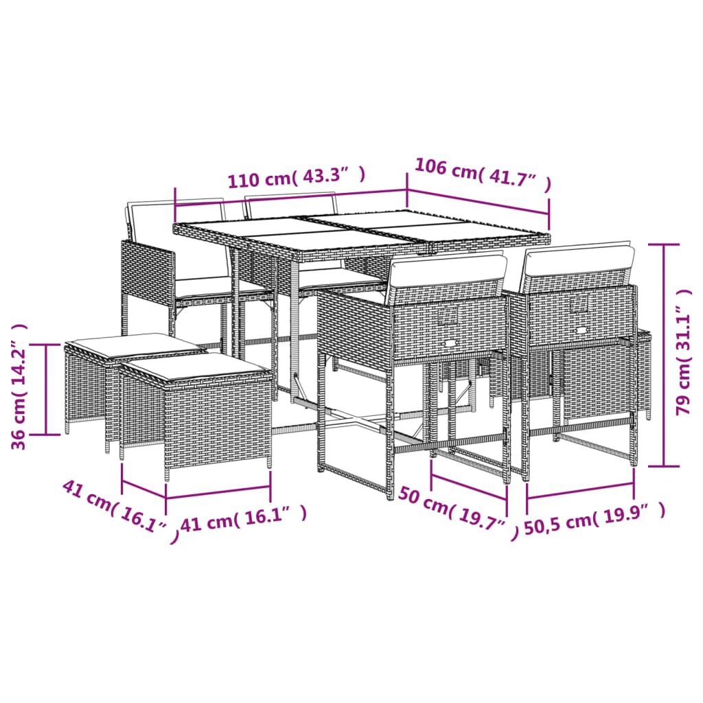 vidaXL 9 Piece Garden Dining Set with Cushions Beige Poly Rattan