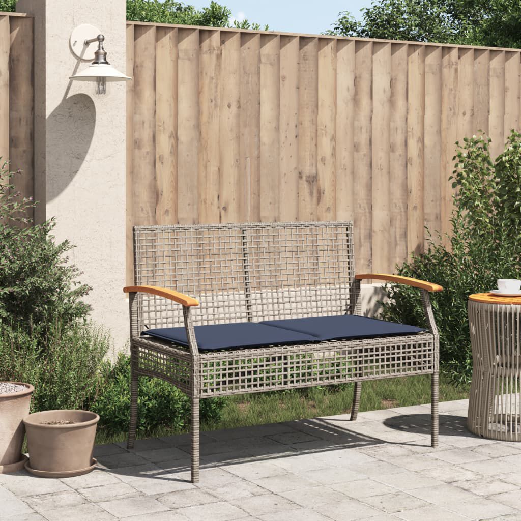 vidaXL Garden Bench with Cushion Grey Poly Rattan Acacia Wood