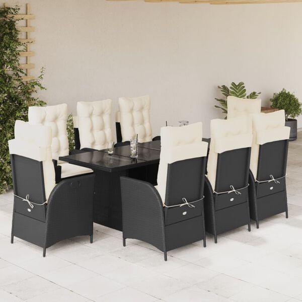 vidaXL 9 Piece Garden Dining Set with Cushions Black Poly Rattan