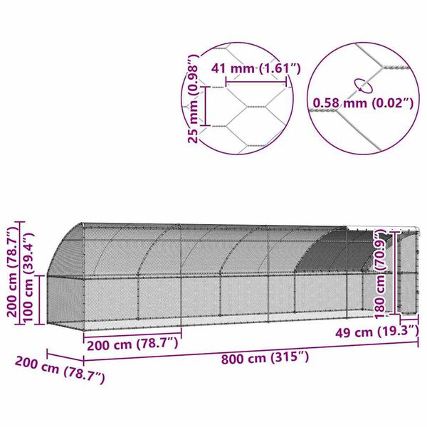vidaXL Chicken Cage Silver 800 x 200 x 198.5 cm Galvanised steel