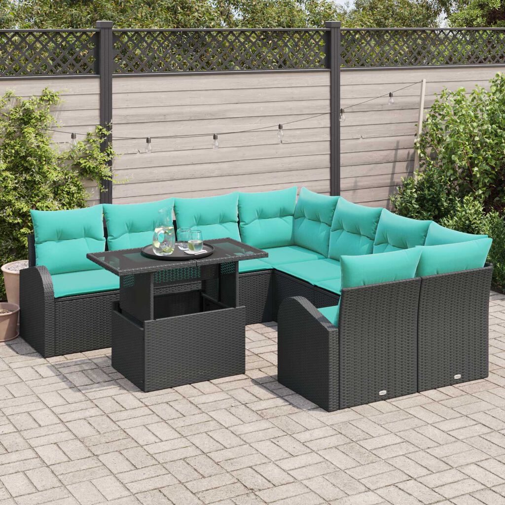 vidaXL 9 Piece Garden Sofa Set with Cushions Black Poly Rattan