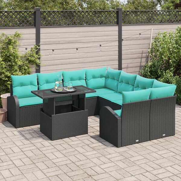 vidaXL 9 Piece Garden Sofa Set with Cushions Black Poly Rattan