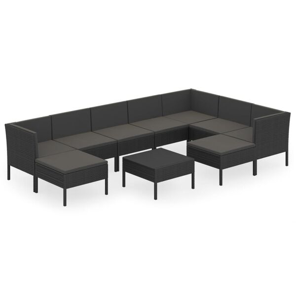 vidaXL 10 Piece Garden Lounge Set with Cushions Poly Rattan Black
