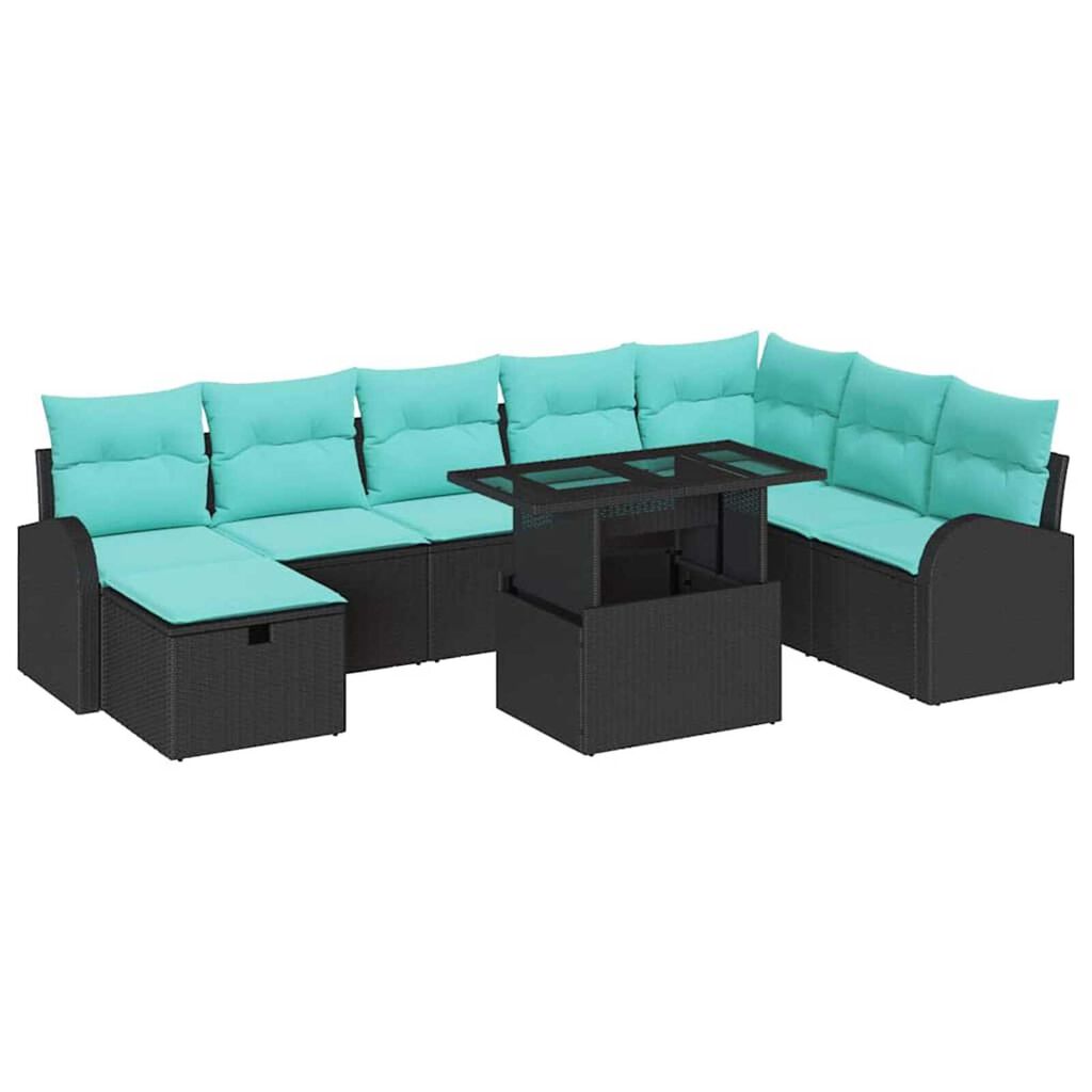 vidaXL Garden Sofa Set with Cushion 9 pcs Black Poly rattan