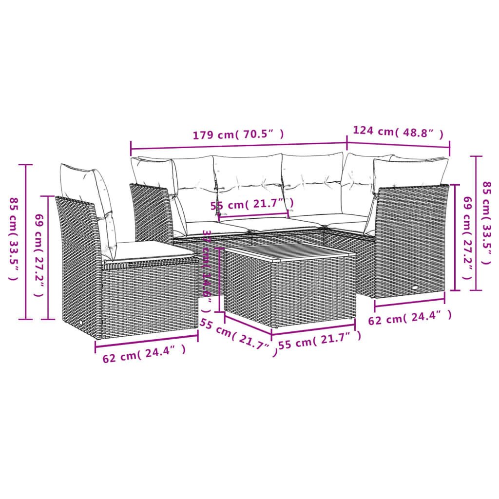 vidaXL 6 Piece Garden Sofa Set with Cushions Grey Poly Rattan