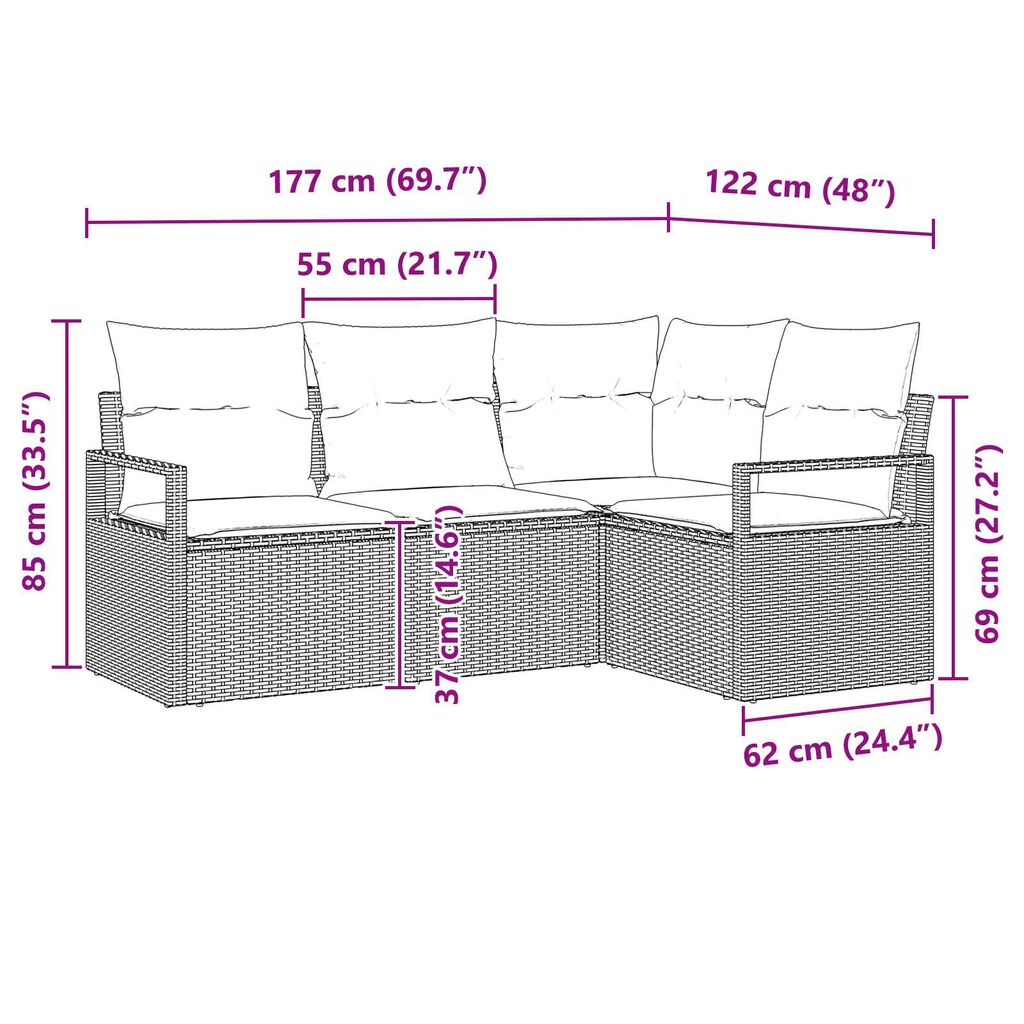 vidaXL 4 Piece Garden Sofa Set with Cushions Black Poly Rattan