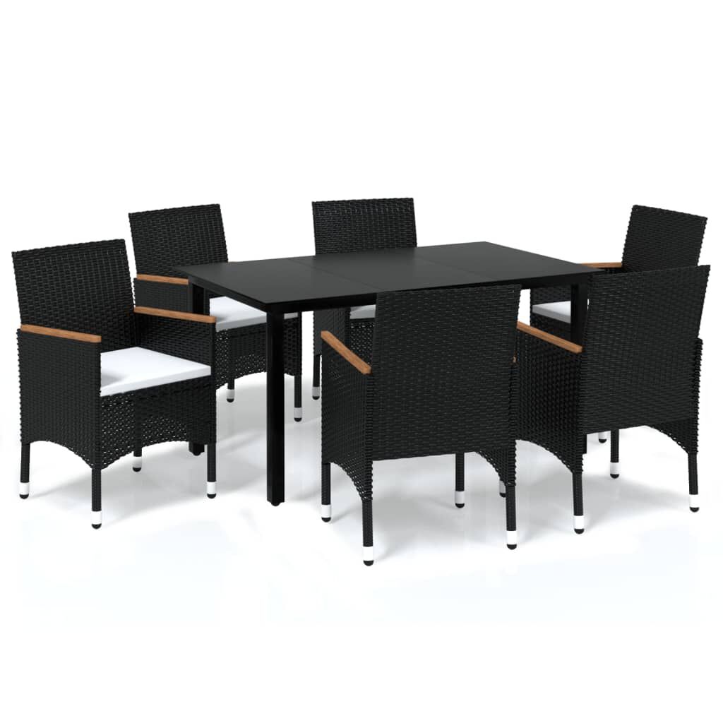vidaXL 7 Piece Garden Dining Set with Cushions Poly Rattan Black