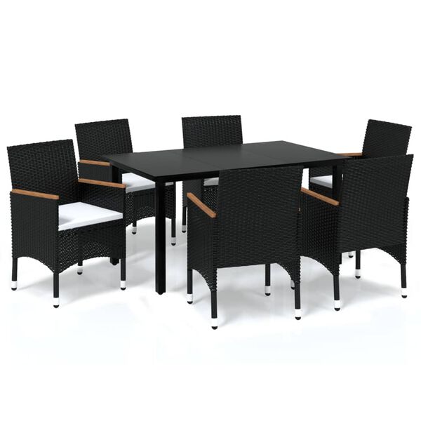 vidaXL 7 Piece Garden Dining Set with Cushions Poly Rattan Black