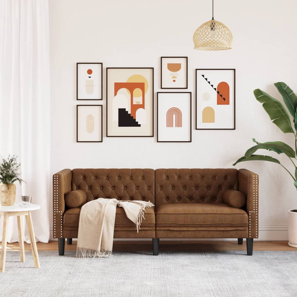 vidaXL Chesterfield Sofa with Bolsters 2-Seater Brown Faux Suede Leather
