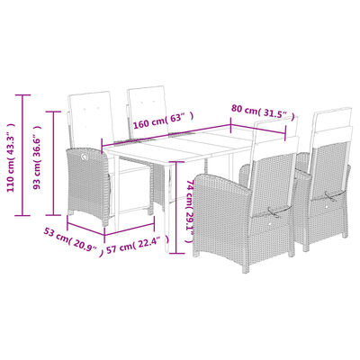 vidaXL 5 Piece Garden Dining Set with Cushions Brown Poly Rattan