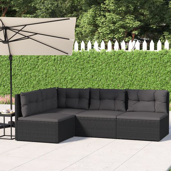 vidaXL 4 Piece Garden Lounge Set with Cushions Black Poly Rattan