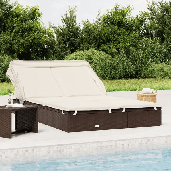 vidaXL 2-Person Sunbed with Foldable Roof Brown 213x118x97cm Poly Rattan