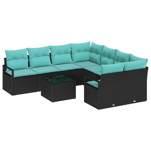 vidaXL Sofa Set with Cushion 9 pcs Black and Turquoise Poly Rattan