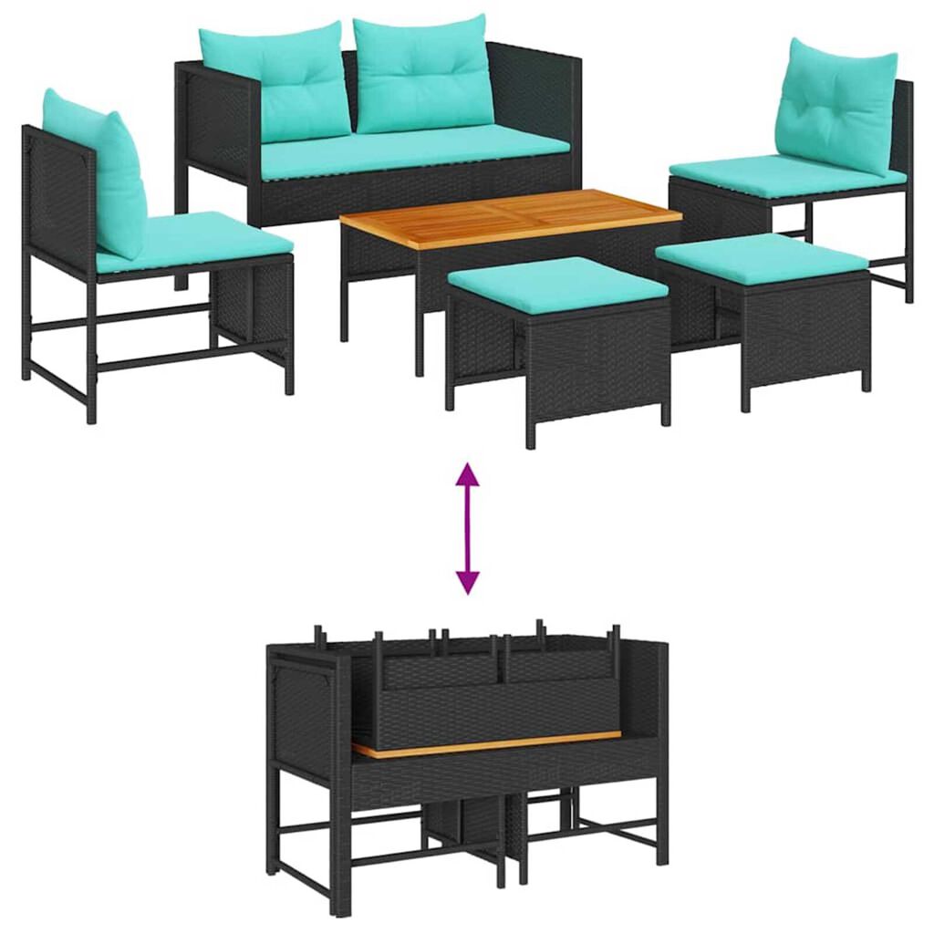 vidaXL Garden Sofa Set 6 pcs Black and turquoise Poly Rattan
