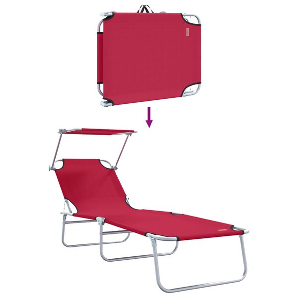 vidaXL Folding Sun Lounger with Canopy Steel and Fabric Red