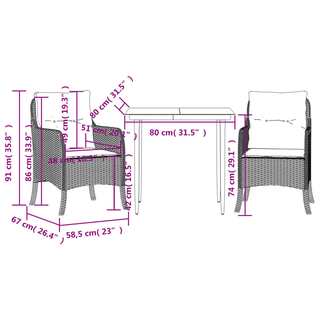 vidaXL 3 Piece Garden Dining Set with Cushions Beige Poly Rattan